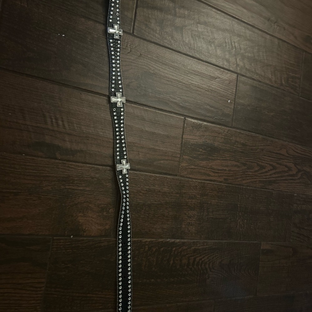 Black Studded Women's Belt with Cross Accents